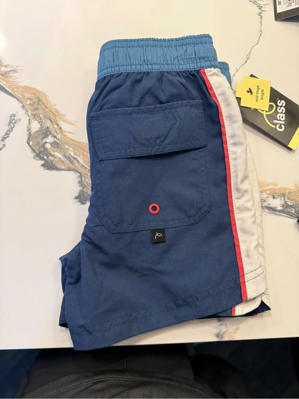 art class Navy Swim Trunks with Light Blue Waistband and Pink Drawcord